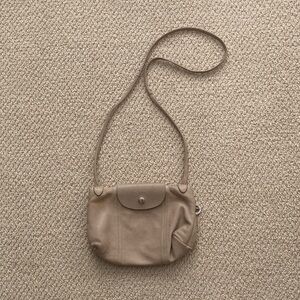 Longchamp Le Pliage Beige Leather Mini Crossbody Handbag Genuine Leather GUC